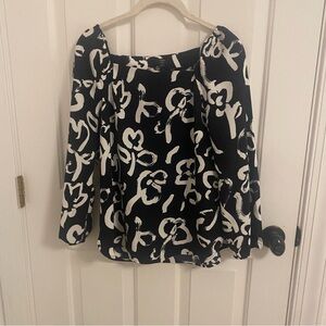 J. Crew Square Neck Black and White Paint Pattern Floral Blouse Size 4